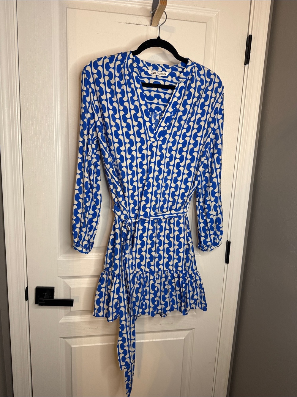 Zara Blue & White Geometric Wrap Mini Dress